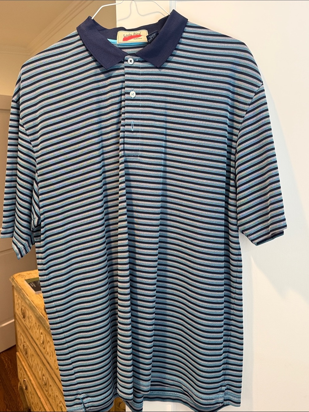 Lady Bird Golf Course Navy and Light Blue Striped Polo Shirt